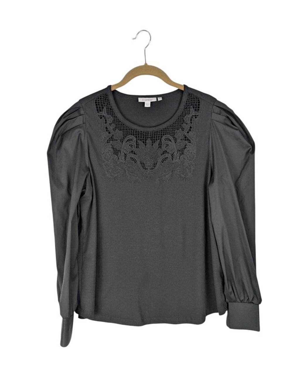 Chicos Lattice Cutwork Poplin Statement Sleeve Top Black Sheer Lace Size 2/US L